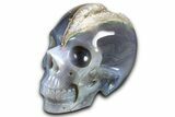 Realistic Polished Banded Agate Skull with Quartz Crystal Pocket #378658-1